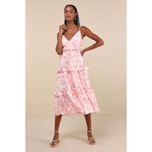 Lulus Radiantly Adorable Pink Floral Sleeveless Tiered Midi Dress - Size L